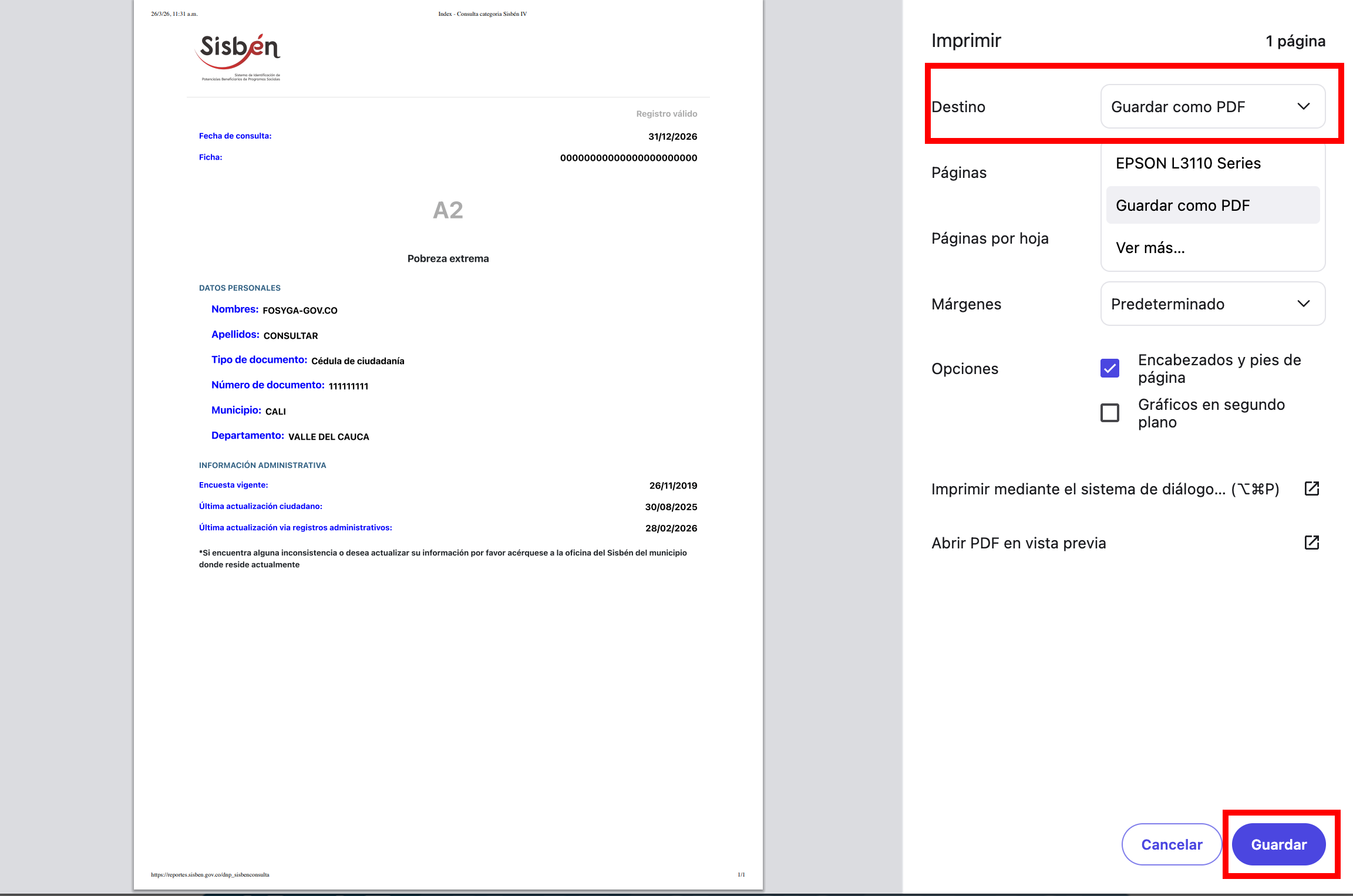 Cómo guardar el certificado del Sisbén en PDF