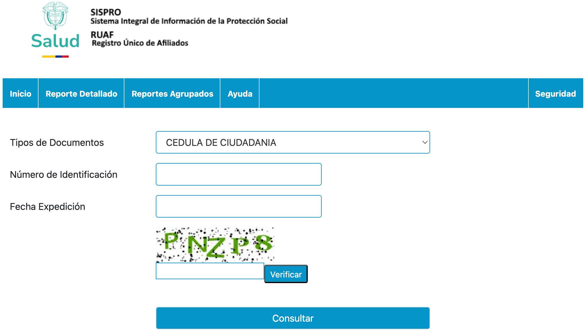 Formulario para iniciar la consulta en el RUAF por cédula