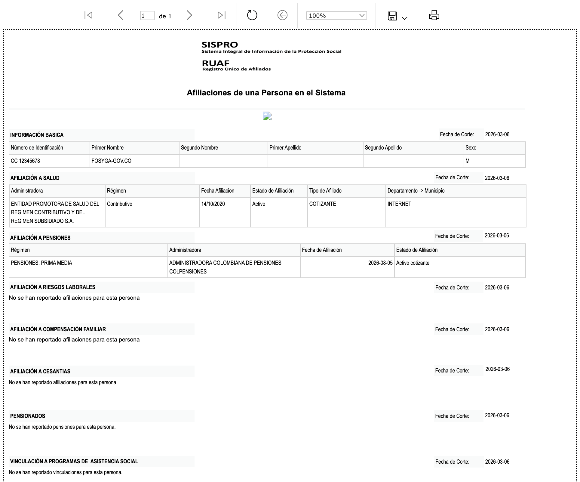 Ejemplo de resultado de la consulta en el RUAF