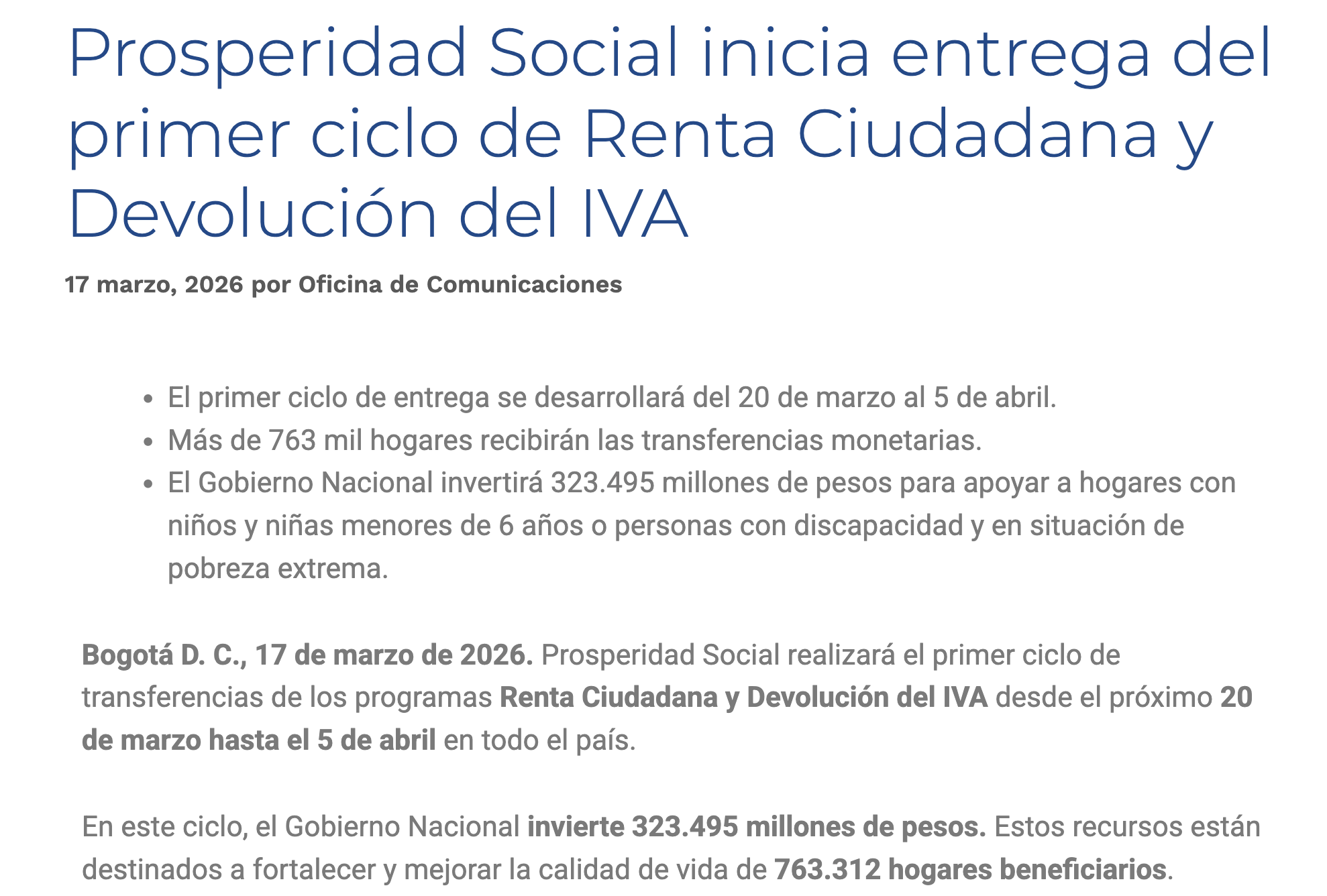 Publicación de fechas de ciclos de Renta Ciudadana en el portal de noticias